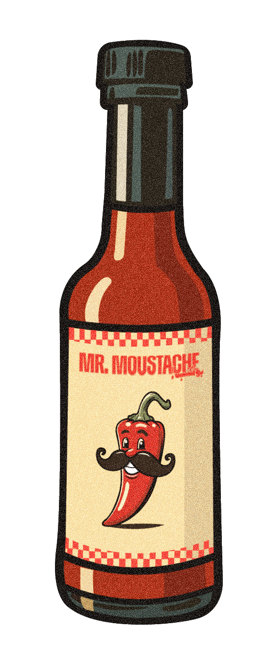 A bottle of Mr. Moustache Pomegranate Hot Sauce